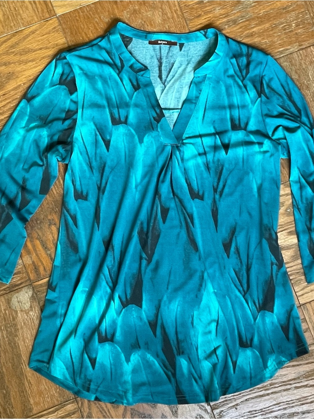 Gaharu Teal Peacock Abstract Watercolor Print Blouse ~ Loose Fit Size Medium